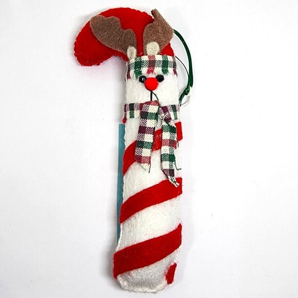 Handmade Reindeer Candy Cane Red White Felt Plush Christmas Holiday Ornament - Picture 7 of 7
